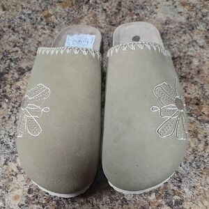 Spring Step Tan Floral Embroidered Mules